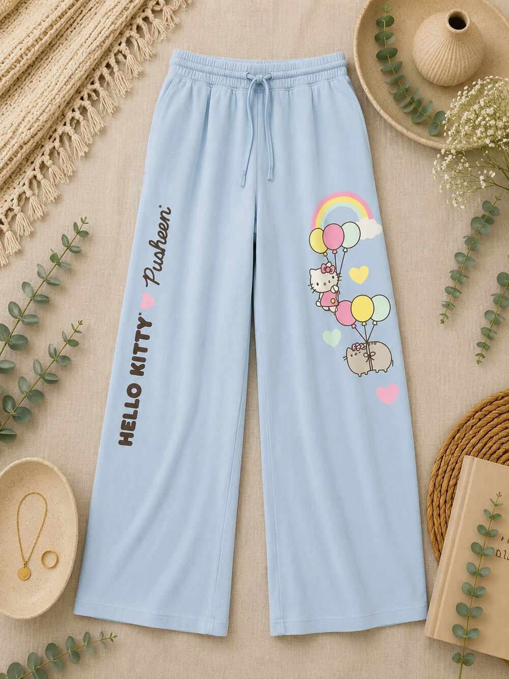 Hello Kitty x Pusheen Women's Wide Leg Sweatpants Blue Sanrio Whimsical SZ S